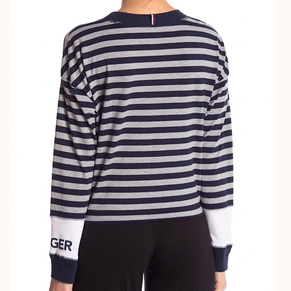TOMMY HILFIGER Striped Long Sleeve Cropped Tee Blue Size L - Picture 8 of 8